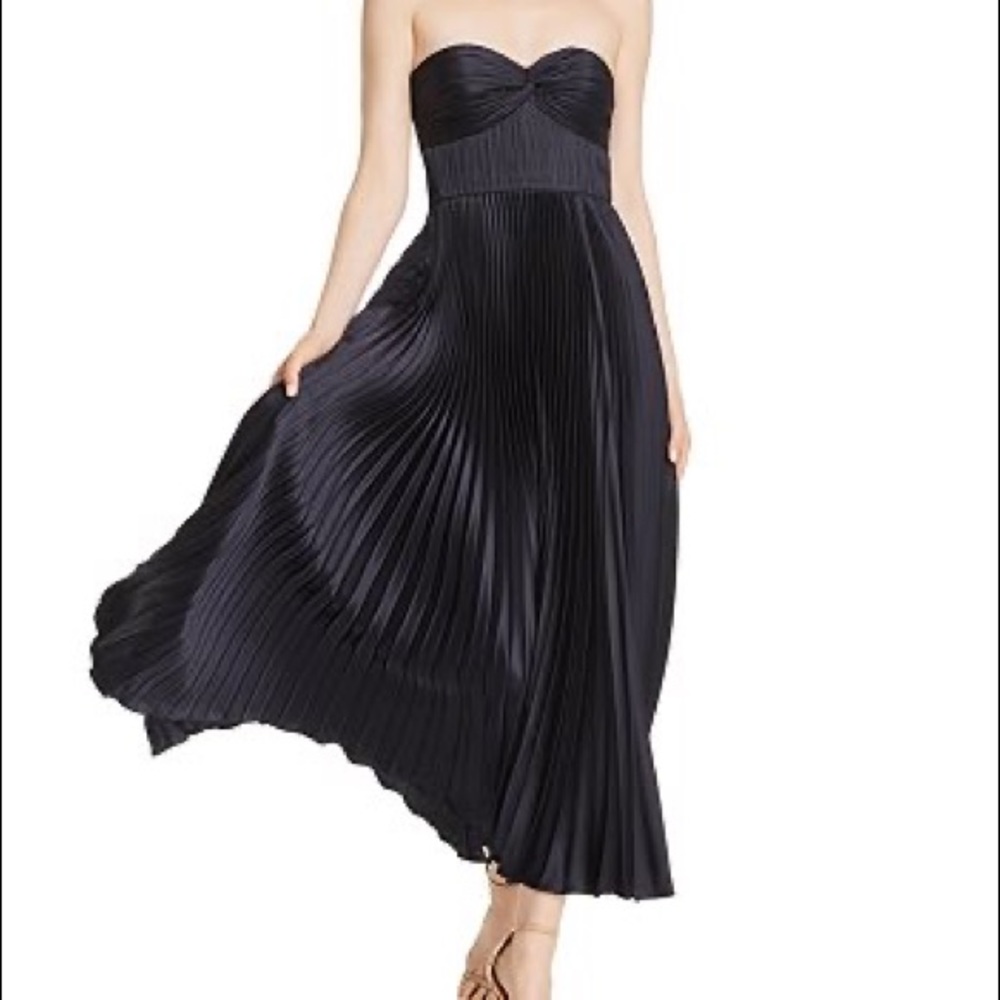 AMUR Navy Blue Silk Pleated Strapless Long Dress